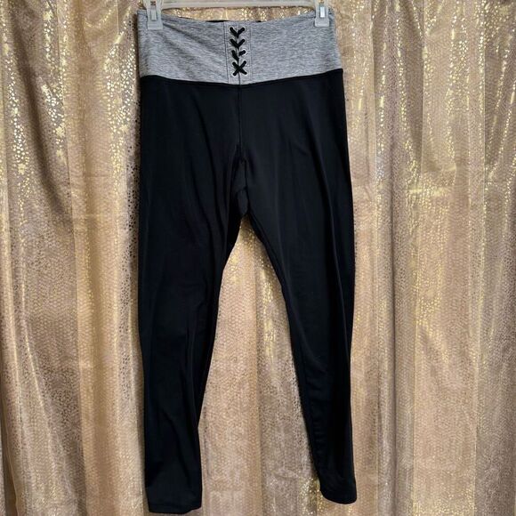 PINK Victoria's Secret Ultimate leggings Black Gray Lace Up Full Length Large - Picture 1 of 6